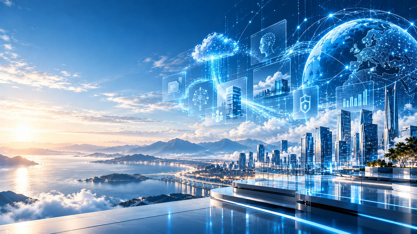 Vernetzte KI-Systeme und Cloud-Infrastruktur über einer digitalen Stadtlandschaft