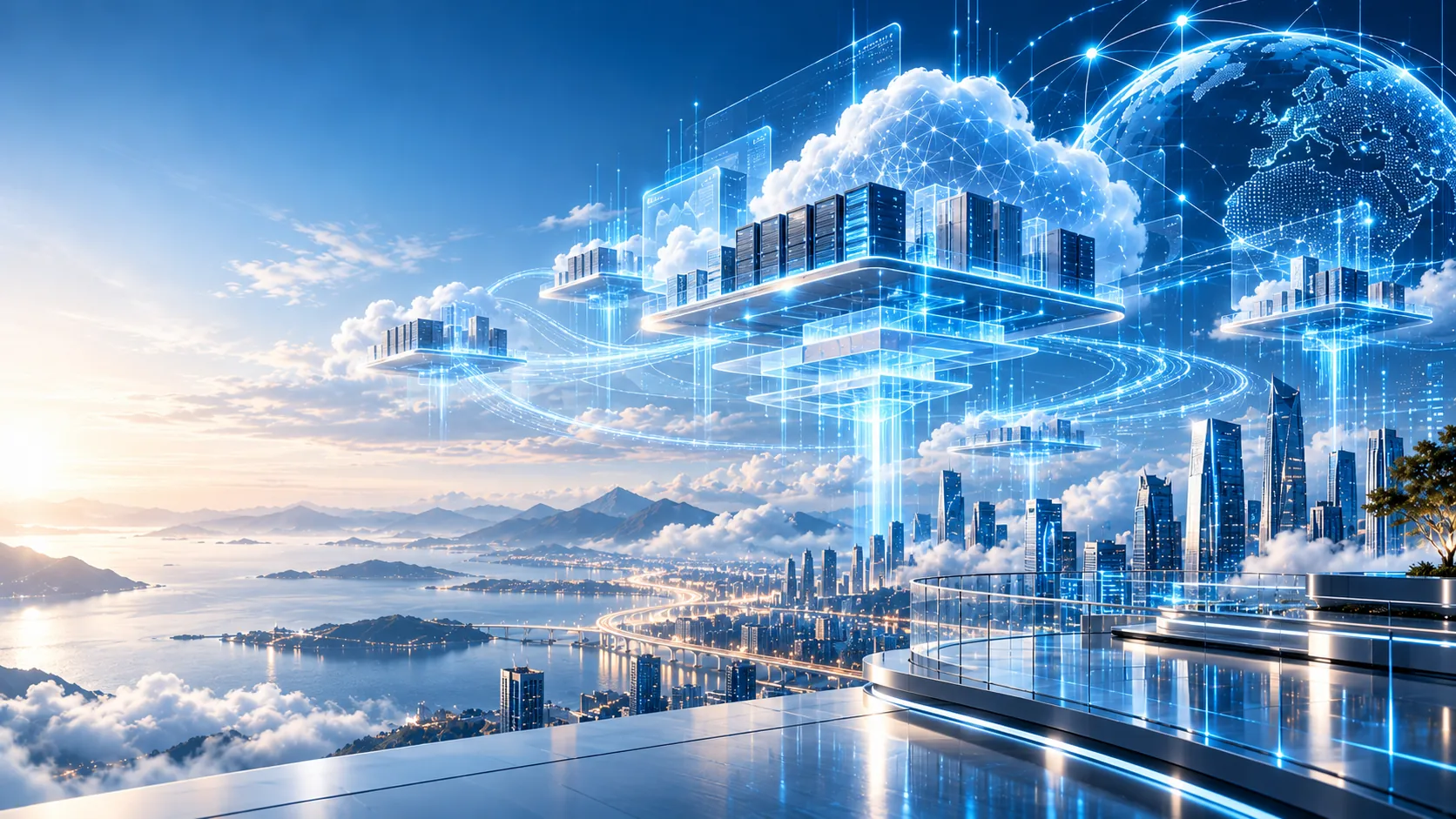 Cloud-Architektur mit vernetzten Rechenzentren und digitalen Plattformen